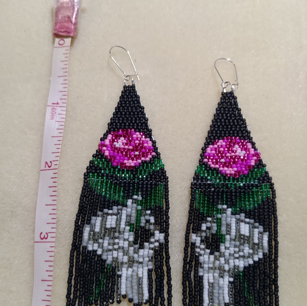 Handbeaded Skeleton Hand With Rose Earrings